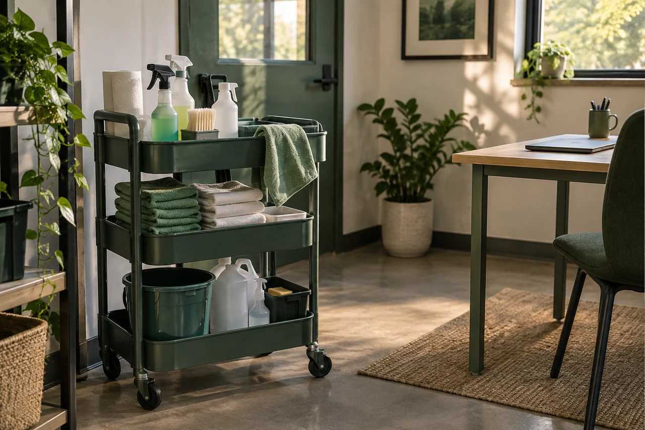 AI-generated image of a cleaning business office with a supply cart beside a desk