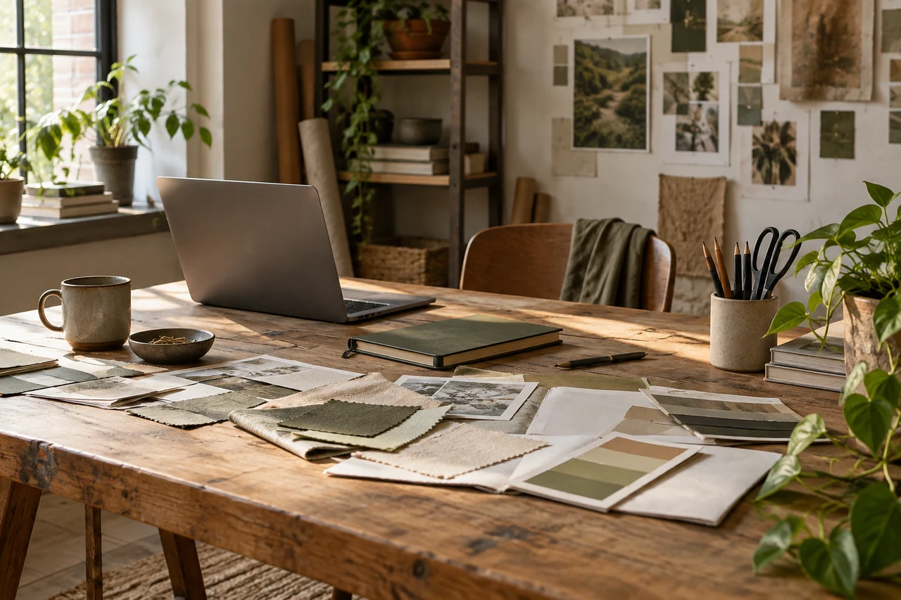 AI-generated image of a design studio worktable with paper swatches and a sketchbook