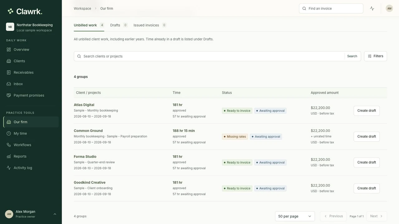 Our firm Billing with unbilled sample client work, approval statuses, and draft invoice actions
