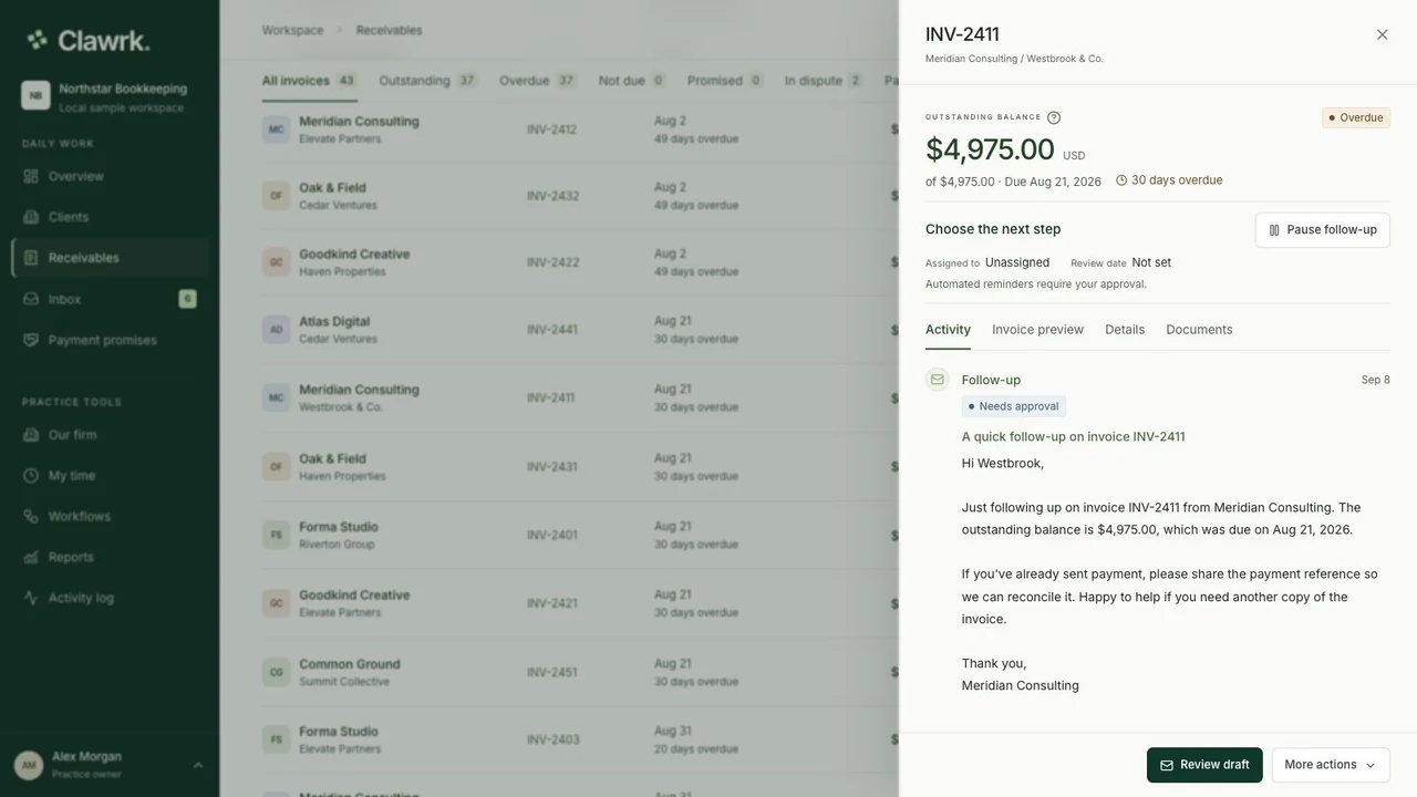 The real Clawrk invoice drawer showing an unpaid sample invoice and its reminder history.