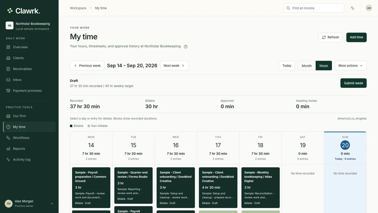 My time weekly calendar with fictional recorded client and internal work in the current Clawrk interface
